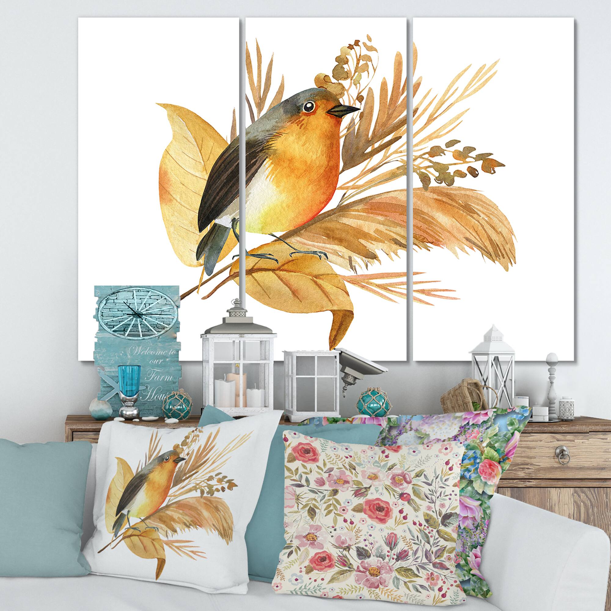 Designart - Robin Bird and Autumn Flowers